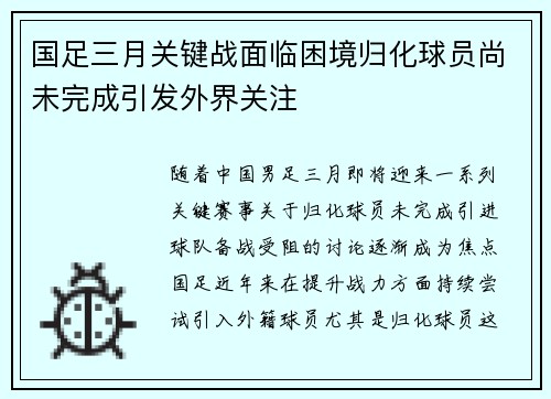 国足三月关键战面临困境归化球员尚未完成引发外界关注