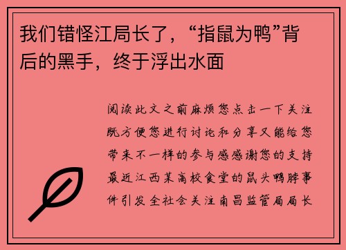 我们错怪江局长了，“指鼠为鸭”背后的黑手，终于浮出水面