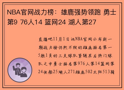 NBA官网战力榜：雄鹿强势领跑 勇士第9 76人14 篮网24 湖人第27