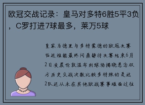 欧冠交战记录：皇马对多特6胜5平3负，C罗打进7球最多，莱万5球