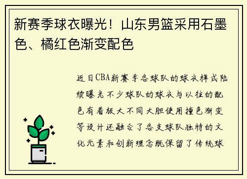 新赛季球衣曝光！山东男篮采用石墨色、橘红色渐变配色